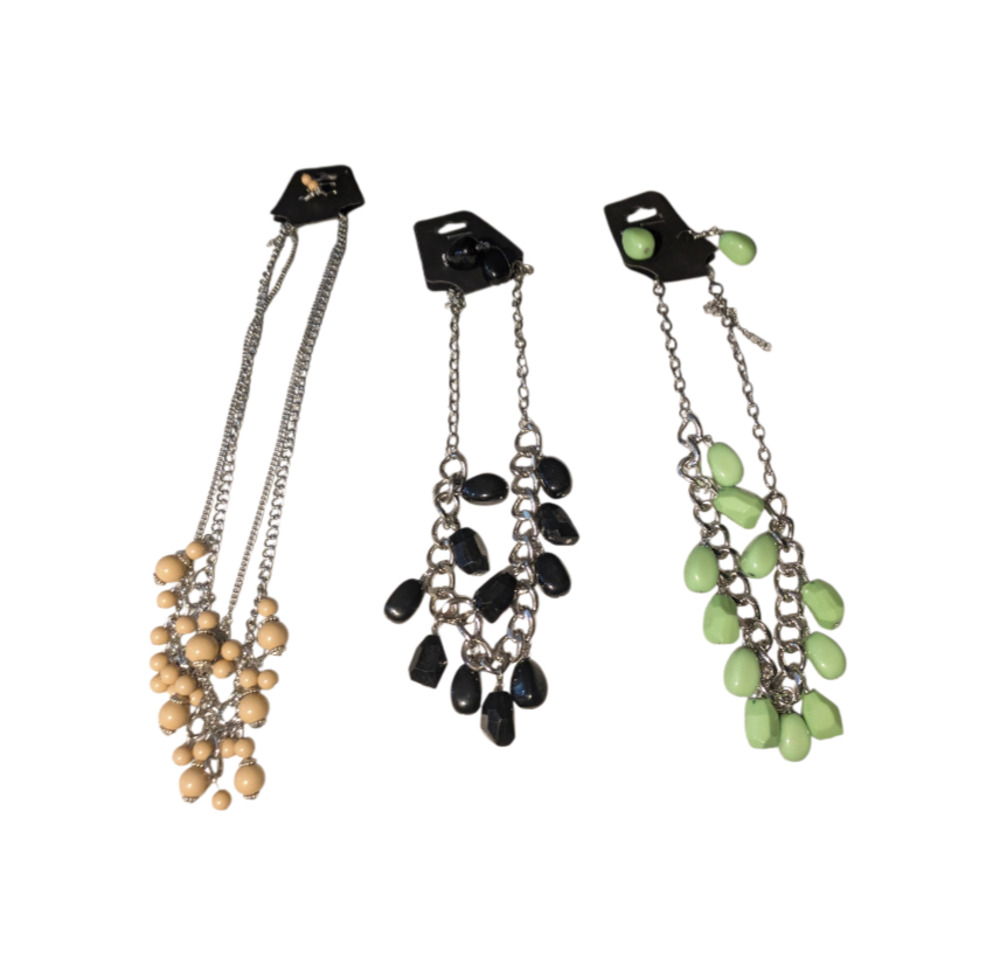 Lot of 3 Beaded Statement Necklaces with Matching Earrings in Cream, Black, and